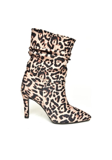 Fox Shoes R404020304 Leopar Kumaş İnce Topuklu Büzgülü Kadın Bot Leopar-kumaş Leopar