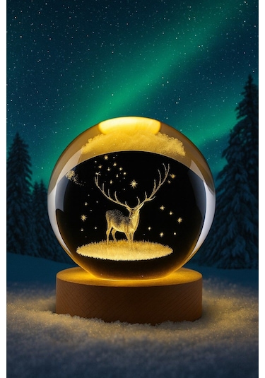 Geyik Figürlü Temalı Kristal Küre Gün Işığı Ledli Usb'li Ahşap Standlı 3d Oda Masa Ve Gece Lambası Renkli