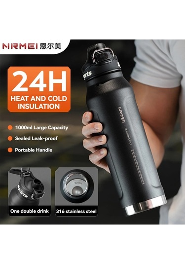 1l Termos Su Şişesi Paslanmaz Çelik Vakum Şişeler Soğuk Sıcak Su Diğer Siyah
