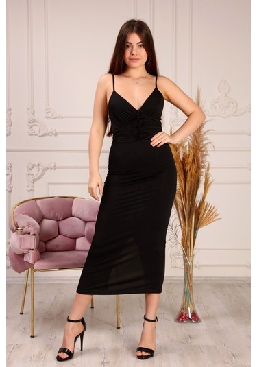 Aymeravm - Ip Askılı Önü Düğmeli Büzgülü Kadın Elbise - Knz14... (546711886)