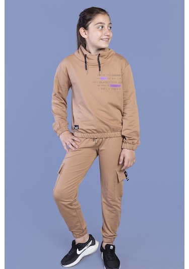 Toontoy Kız Çocuk Baskılı Balıkçı Yaka Eşofman Takımı Kahverengi