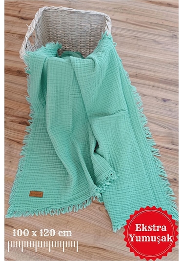 4 Kat Müslin Mint Yeşil Saçaklı Bebek Battaniyesi 100x120 Cm- %100 Pamuklu & Çok Amaçlı Battaniye Mint