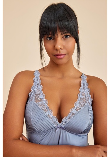 Paris Gri Mavi Dantelli Kumaş Gecelik Mavi