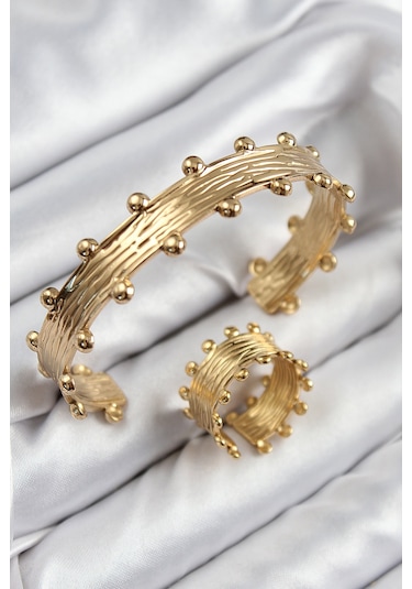 Zarif Kadın İçin Golden Pirinç Topcuk Stil Bileklik Yüzük Seti Bakır