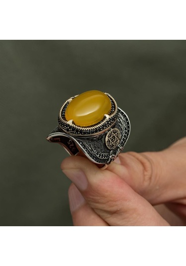 Sarı Akik Taşlı Süleyman Mührü 925 Gümüş Erkek Yüzük Beyaz