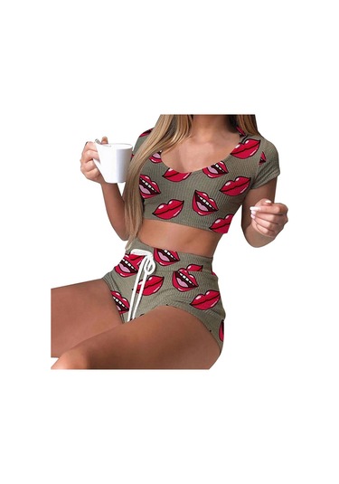 Gri Moda Kadın O-boyun Kısa Kollu Şort Ev Giyim Pijama Elastik Bel Çizgili Sleepweara Gri