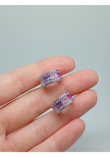 925 Ayar Gümüş Renk Geçişli Baget Taşlı Halka Küpe Çivi Model Gümüş