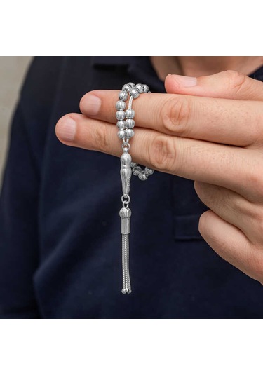 Gümüş Çizgili Yuvarlak Erkek Tesbih Sl12626 Gümüş