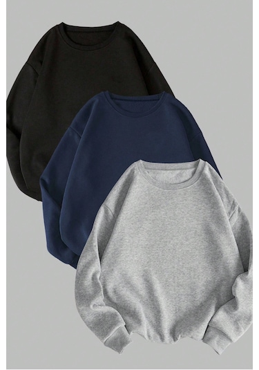 Unisex 3'lü Lacivert Gri Siyah Bisiklet Yaka Oversize Sweatshirt Siyah Gri Laci