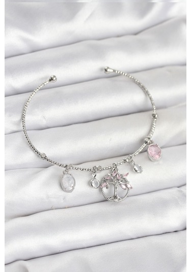 Hayat Ağacı Charmlı Gümüş Renk Pirinç Kadın Bileklik Çok Renkli