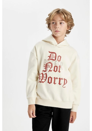 Defacto Erkek Çocuk Oversize Geniş Kalıp Kapüşonlu Yazı Baskılı Kalın Sweatshirt D1908A824WNBG759