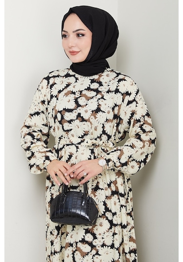 Neriz Dokuma Viskon Elbise 1486 - Siyah Siyah