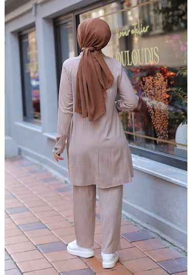 Cep Detaylı Tesettür Vizon Takım Vizon
