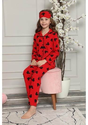Kız Çocuk Desenli Pijama Takımı Kırmızı