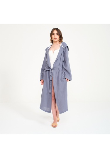 Unisex Kapüşonlu Uzun Müslin Bornoz-Antrasit