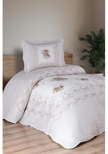 Nerea Baskılı Kapitoneli Tek Kişilik Yatak Örtüsü Açık Kahve Kahverengi