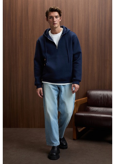 JUSTUS Erkek Kapüşonlu Kanguru Cepli Fermuar Yakalı Lacivert Sweatshirt