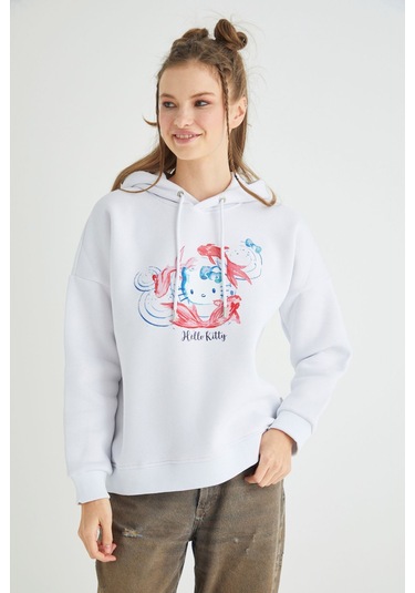 Hello Kitty Lisanslı Baskılı Kapüşonlu Oversize Sweatshirt Renkli
