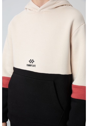 Tommy Life Bej-siyah Pamuklu Kalın İçi Tüylü Yumuşak Dokulu Standart Fit Nakışlı Erkek Çocuk Eşofman Takım - 1 Bej