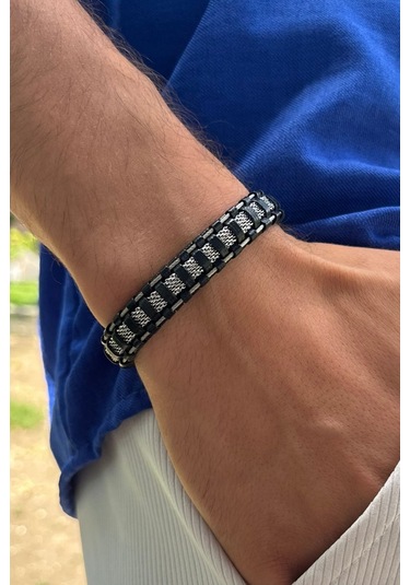 Şık Damalı Desen El İşçiliği İle Üretilmiş Hakiki Deri Erkek Bileklik Siyah - Beyaz