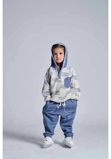 Etnik Desen Kapşonlu 2 Li Takım İndigo