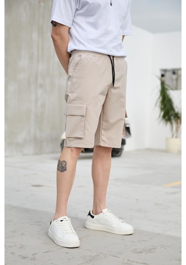 Bej Renk Kargo Cepli Paraşüt Kumaş Erkek Şort-1556 Bej