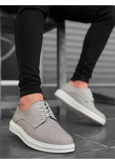 ER0003 Bağcıklı Klasik Spor Gri Renk Keten Yüksek Taban Casual Erkek Ayakkabı