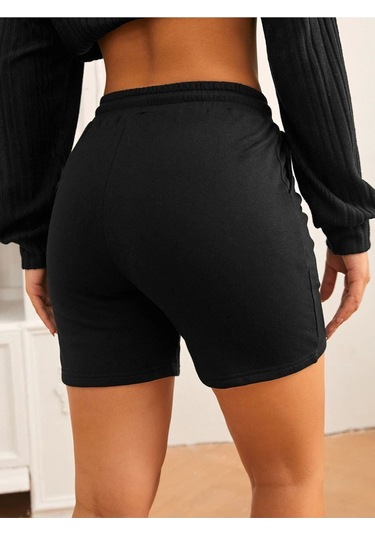 Siyah Kısa Baby Girl Şort - Penye Baskılı Kordonlu Siyah