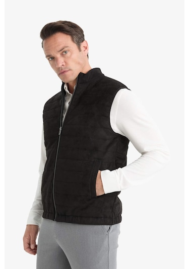 Defacto Slim Fit Dar Kesim Dik Yaka Astarlı Fermuarlı Cepli Mevsimlik Baharlık Süet Yelek F0246ax25aubk27 Siyah