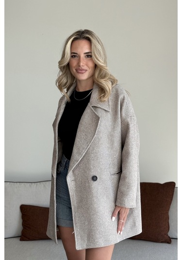 Vizon 1. Sınıf Kalite Balık Sırtı Oversize Kaşe Kaban Vizon