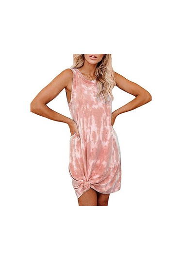 Sones Bayanlar İçin Batik Baskılı Gevşek Yuvarlak Yaka Yelek Elbise Orta Boy A Kesim Etek Turuncu Kırmızı