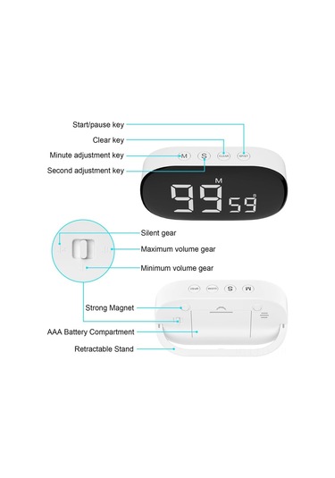 Xindoker Beyaz Dijital Zamanlayıcı - Mutfak Pişirme Geri Sayımı İçin Sessiz Ayar Özelliği