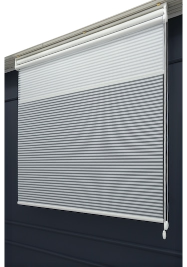 Çift Mekanizmalı Jaluzi Görünümlü Tül+stor Güneşlik Perde Çiftli Sistem - 2 Perde Tek Ürün Beyaz-düz