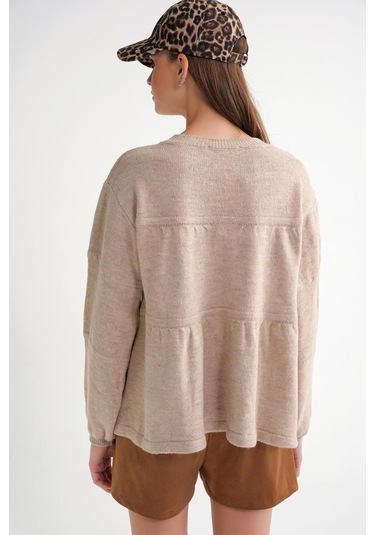 6950 Kadın Yakası Bağcıklı Pileli Triko Kazak Bej Bej