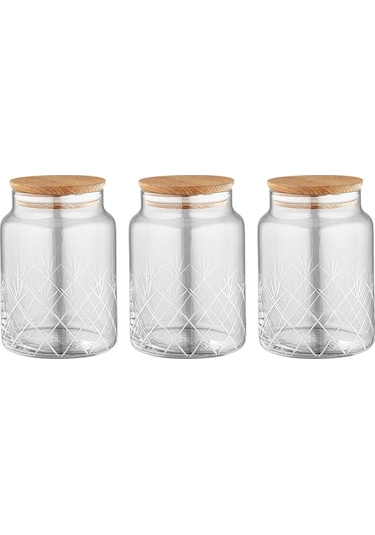 Selka Home - 3'lü Kesme Detaylı Ahşap Kapak Kavanoz 890 Ml
