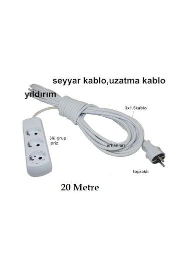 Seyyar Kablo Uzatma Kablo Ara Kablo 20 Metre 3 Lü Grup Priz