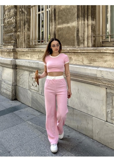 Crop Pantolon Biyeli Takım Pembe Pembe