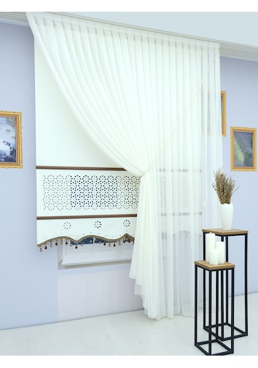 Lazer Stor Perde Kahve Çıta Ve Boncuk Detaylı - Kalın Mat Stor Ekru