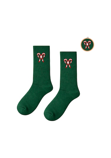 Carnaval Socks Şeker Kamışı Nakışlı Desenli Yeşil Çorap Çok Renkli