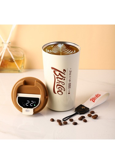 Mufunye Akıllı Sıcaklık Ölçer Çelik Çift Katlı Termos Bardak - Ofis Ve Araç İçin Taşınabilir, 510ml Beyaz Bej