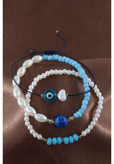 3lü Nazar Boncuklu İncili Boncuklu Asansörlü Lastikli İp Bileklik. Kadın İp Bileklik Halhal Çok Renkli