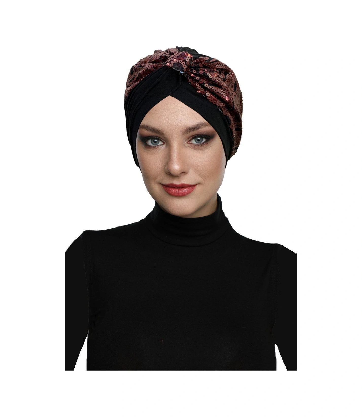 Özel Tasarım Siyah Üzeri Bordo Desenli Payetli Astarlı Hazır Türban Tesettür Abiye Bone Siyah27