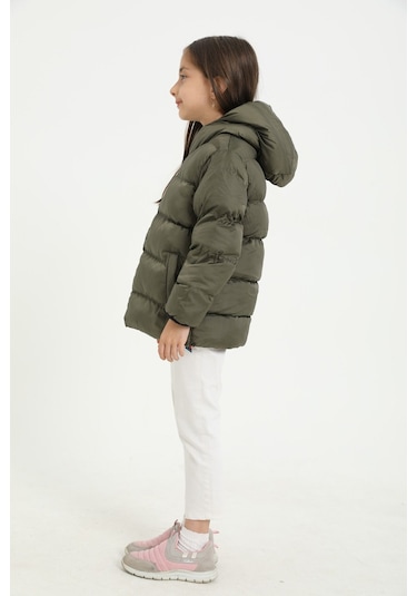 Kız Çocuk Haki İçi Polarlı Kapüşonlu Su Geçirmez Rüzgara Dayanıklı Cepli Şişme Kışlık Mont Haki