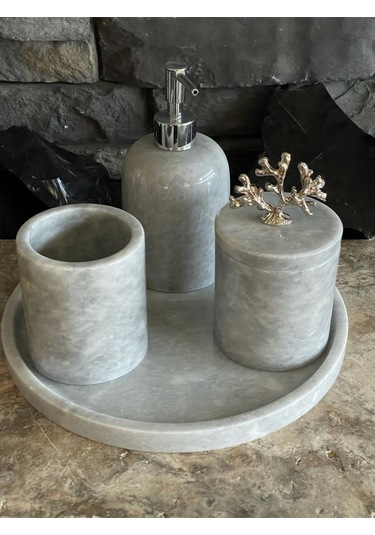 Gri Mermer 4'lü Banyo Seti Beyaz