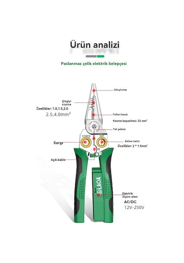 Fastbuy Çok Fonksiyonlu Paslanmaz Elektrikçi Pensesi La324108 - Elektriği Ölçer - Yeşil La324108