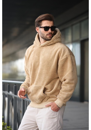 Bej Peluş Kapüşonlu Erkek Sweatshirt 6050 Bej
