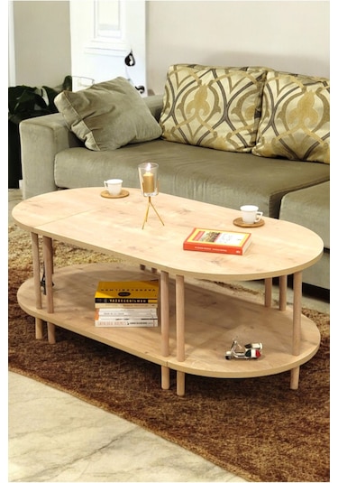 Çevir Kur 3'ü 1 Arada 2 Raflı Orta Sehpa Ve Dekoratif Yan Sehpa Gazetelikli Meşe