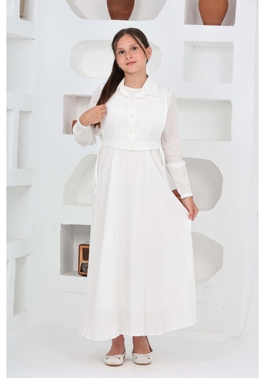 Kız Çocuk Uzun Boy Gofre Kumaş Jile & Elbise İki Parça Takım Astarlı Zarif Set-4948 Ekru Kız Çocuk Uzun Boy Gofre Kumaş Jile & Elbise İki Parça Takım Astarlı Zarif Set-4948 Ekru