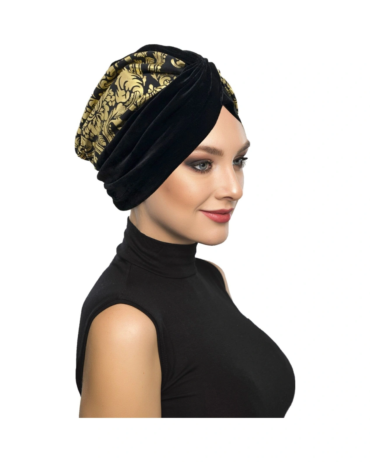 Kadife Özel Tasarım Osmanlı Motif Siyah Hazır Türban Tesettür Bone Siyah