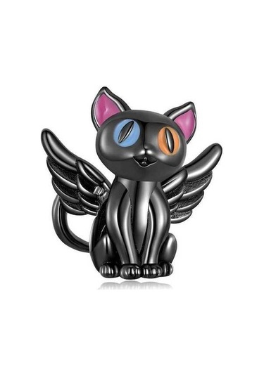 Novahub Siyah 925 Ayar Gümüş Melek Kedi Charms Kolye Kadınlar İçin Orijinal Takı Siyah